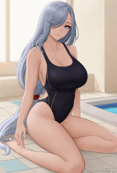 Rule 34 | 1girl, absurdres, arms at sides, backlighting, bare shoulders, bikini, black bikini, black one-piece swimsuit, blue eyes, blush, braid, breasts, cleavage, collarbone, competition swimsuit, covered navel, genshin impact, hair over one eye, highleg, highleg swimsuit, highres, large breasts, long hair, looking at viewer, low-braided long hair, low-tied long hair, one-piece swimsuit, pool, poolside, shenhe (genshin impact), silver hair, solo, swimsuit, thighs, very long hair, zaphn