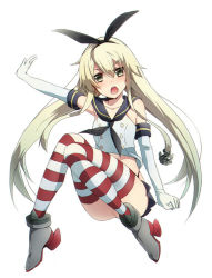 Rule 34 | 10s, 1girl, anchor hair ornament, blonde hair, chestnut mouth, elbow gloves, gloves, green eyes, hair ornament, hairband, kantai collection, keita (tundereyuina), open mouth, school uniform, serafuku, shimakaze (kancolle), solo, striped clothes, striped thighhighs, thighhighs, white background, white gloves