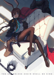 Rule 34 | 1girl, 1other, absurdres, ahoge, amiya (arknights), animal ears, arknights, black pantyhose, blue eyes, brown hair, chinese commentary, commentary, couch, crown, doctor (arknights), english text, full body, hair between eyes, highres, huge filesize, jacket, jewelry, kumachi, long hair, long sleeves, looking at viewer, no shoes, off shoulder, on couch, open clothes, open jacket, out of frame, pantyhose, rabbit ears, ring, shadow, shirt, sitting, smile, soles, solo, solo focus, spoilers, sword, weapon, white shirt