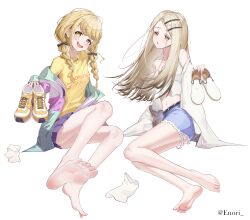 2girls absurdres blonde_hair blush enori feet fujita_kotone gakuen_idolmaster highres holding holding_shoes idolmaster long_hair looking_at_viewer multiple_girls open_mouth parted_lips shinosawa_hiro shoes soles toes unworn_shoes unworn_socks yellow_eyes