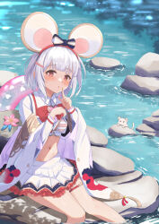 Rule 34 | 1girl, absurdres, animal ears, blush, collared shirt, commentary, cropped shirt, fake animal ears, finger to mouth, frilled skirt, frills, granblue fantasy, highres, index finger raised, kuroliu 9021, long sleeves, looking at viewer, midriff, mouse (animal), mouse ears, navel, neck ribbon, outdoors, plaid, plaid skirt, red eyes, red ribbon, ribbon, shirt, short hair, shushing, skirt, soaking feet, solo, stream, sweat, symbol-only commentary, transparent innertube, vikala (granblue fantasy), white hair, white skirt