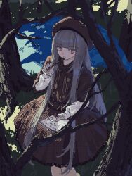Rule 34 | 1girl, black bow, black bowtie, black hat, black skirt, blouse, blunt bangs, bow, bowtie, branch, buttons, dappled sunlight, dithering, grey hair, hat, highres, hime cut, holding, holding paper, holding pen, koh (user kpcu7748), layered sleeves, long hair, long sleeves, looking at viewer, original, outdoors, paper, pen, pen to mouth, pixel art, shirt, short over long sleeves, short sleeves, skirt, solo, sunlight, tree, very long hair