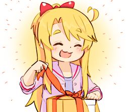 Rule 34 | 1girl, :3, :d, ^ ^, ahoge, birthday, blonde hair, blouse, blush, bow, box, closed eyes, commentary, emphasis lines, facing viewer, gift, gradient background, hair bow, happy, heart, heart ahoge, highres, himesaka noa, jacket, long hair, manse, open clothes, open jacket, open mouth, purple jacket, purple shirt, red bow, shirt, sketch, smile, solo, thick eyebrows, unwrapping, upper body, watashi ni tenshi ga maiorita!