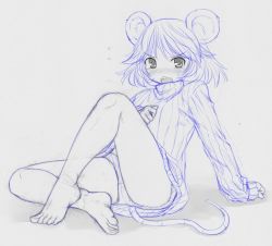 Rule 34 | 1girl, animal ears, bare legs, barefoot, blush, chestnut mouth, embarrassed, feet, female focus, flying sweatdrops, kasuga yukihito, monochrome, mouse ears, mouse tail, nazrin, no pants, open mouth, panties, pantyshot, ribbed sweater, short hair, simple background, sitting, sketch, solo, sweater, tail, tears, touhou, traditional media, underwear, white background