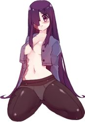 Rule 34 | 1girl, black pantyhose, blush, breasts, burn scar, commentary, english commentary, hair over one eye, ikezawa hanako, jacket, katawa shoujo, kneeling, light smile, long hair, looking at viewer, medium breasts, navel, no bra, no pants, open clothes, open jacket, panties, panties under pantyhose, pantyhose, purple eyes, purple hair, rtil, scar, simple background, solo, thighs, underwear, very long hair, white background, white panties