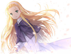 1girl blonde_hair capelet dress green_eyes kanuma_youko long_hair moon_(game) purple_capelet satou_aoi solo swept_bangs white_dress