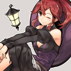 Rule 34 | 1girl, ;), anna (fire emblem), apron, bare shoulders, belt, black skirt, blush, breasts, brown eyes, cleavage, closed mouth, clothing cutout, fire emblem, floating, floating object, ge-b, grey background, hat, hat on back, juliet sleeves, knees up, lantern, long hair, long sleeves, medium breasts, nintendo, one eye closed, ponytail, puffy sleeves, purple hat, red hair, shoulder cutout, sidelocks, simple background, sitting, skirt, smile, solo, torn clothes, torn skirt, waist apron, white apron