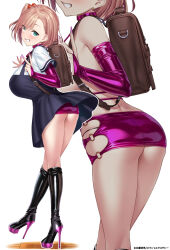 Rule 34 | 1girl, aqua eyes, ass, backpack, bag, black footwear, blush, bodycon, boots, breasts, bridal gauntlets, brown bag, character request, commentary request, copyright request, dress, earrings, full body, hair bobbles, hair ornament, high heel boots, high heels, highres, huge breasts, jewelry, knee boots, light brown hair, looking at viewer, looking back, medium hair, multiple views, purple dress, purple nails, satou kuuki, shirt, short sleeves, simple background, smile, standing, standing on one leg, swept bangs, teeth, thighs, v, white background, white shirt