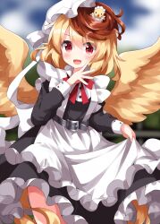 Rule 34 | 1girl, alternate costume, animal, animal on head, apron, belt, bird, bird on head, bird tail, bird wings, black belt, black dress, blonde hair, chick, dress, enmaided, feathered wings, frilled apron, frilled dress, frills, hat, highres, long sleeves, maid, maid apron, mob cap, multicolored hair, niwatari kutaka, on head, red eyes, red hair, ruu (tksymkw), short hair, solo, tail, touhou, two-tone hair, white apron, white hat, wings, yellow wings