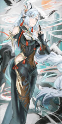 Rule 34 | 1girl, arm at side, bird, black bodysuit, black gloves, bodysuit, braid, breast curtain, breasts, clothing cutout, covered navel, earrings, feet out of frame, fingernails, genshin impact, gloves, grey eyes, grey hair, hair ornament, hair over one eye, hand up, haruri, highres, hip vent, impossible bodysuit, impossible clothes, jewelry, large breasts, light smile, long hair, looking at viewer, low-braided long hair, low-tied long hair, nail polish, navel, outdoors, parted lips, partially fingerless gloves, puffy sleeves, see-through, shenhe (genshin impact), shoulder cutout, skin tight, solo focus, standing, stomach, tassel, tassel earrings, thigh cutout, very long hair