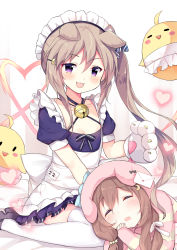 Rule 34 | 2girls, absurdres, animal ears, animal hands, apron, azur lane, bell, bird, black dress, black footwear, bow, breasts, brown hair, cardigan, chick, choker, cleavage, closed eyes, crescent, crescent hair ornament, dog ears, dress, feng mao mc, fumizuki (azur lane), fumizuki (sleepy fairy) (azur lane), gloves, hair bow, hair ornament, hand to own mouth, hat, heart, highres, jingle bell, lap pillow, letter, long hair, lying, maid, maid headdress, manjuu (azur lane), multiple girls, nagatsuki (azur lane), nagatsuki (dangerous kitty maid?) (azur lane), on side, open mouth, paw gloves, pink cardigan, pink headwear, purple eyes, ribbon, shoes, short dress, short sleeves, side ponytail, sitting, sleeping, small breasts, smile, striped cardigan, thighhighs, very long hair, white apron, white gloves, white legwear