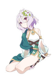 Rule 34 | 1girl, antenna hair, blush, detached sleeves, dress, elf, flower, full body, green dress, grey hair, hair between eyes, hair flower, hair ornament, highres, kokkoro (princess connect!), light smile, looking to the side, pointy ears, princess connect!, purple eyes, see-through, see-through sleeves, seiza, short hair, simple background, single bare shoulder, sitting, sleeveless, sleeveless dress, solo, u0w0v, white background, white flower