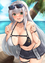 Rule 34 | 1girl, absurdres, beach, belly, bikini, bikini skirt, blue sky, blush, breasts, choker, cloud, eyewear on head, green eyes, grey hair, hands up, highres, hololive, kuutamo, large breasts, leaning forward, long hair, looking at viewer, mole, mole on breast, navel, official alternate hairstyle, open mouth, palm tree, shirogane noel, shirogane noel (summer 2020), sky, smile, solo, stomach, sunglasses, swimsuit, thigh strap, thighs, tree, very long hair, virtual youtuber, wet