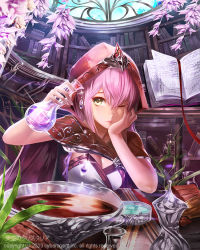 Rule 34 | 1girl, alchemy, arm support, bad id, bad pixiv id, book, bookshelf, bowl, breasts, cape, cleavage, dress, erlenmeyer flask, flask, grimoire, hand on own cheek, hand on own face, hood, hxxg, library, official art, one eye closed, original, pink hair, tenkuu no crystalia, white dress, yellow eyes
