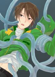 Rule 34 | 1boy, brown eyes, brown hair, highres, koizumi itsuki, male focus, matching hair/eyes, military, military uniform, open mouth, short hair, solo, suzumiya haruhi no yuuutsu, tentacles, tentacles on male, tentacles under clothes, the day of sagittarius, ukon, uniform