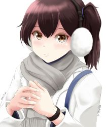 Rule 34 | 1girl, brown eyes, brown hair, coat, commentary request, earmuffs, grey scarf, own hands clasped, highres, jewelry, kaga (kancolle), kantai collection, kuroneko86, long hair, official alternate costume, own hands together, ring, scarf, side ponytail, simple background, solo, upper body, wedding band, white background, white coat, winter clothes