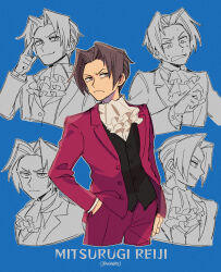 Rule 34 | 1boy, absurdres, ace attorney, ascot, black vest, blue background, character name, closed mouth, finger to face, formal, frown, grey eyes, grey hair, hair intakes, hand in pocket, highres, jacket, long sleeves, looking to the side, male focus, miles edgeworth, multiple views, nono (norabi), pants, red jacket, red pants, red suit, shirt, short hair, smile, suit, sweatdrop, vest, white shirt