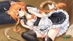 Rule 34 | 1girl, ahoge, animal ears, apron, black dress, black thighhighs, blonde hair, breasts, cleavage, date a live, date a live: spirit pledge, dress, highres, indoors, long hair, looking at viewer, lying, maid, maid apron, medium breasts, official art, on floor, on side, open mouth, solo, tail, thighhighs, thighs, white apron, yamai yuzuru