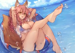 Rule 34 | 1girl, air bubble, animal ear fluff, animal ears, armpits, bikini, bikini under clothes, blouse, bubble, cloud, collarbone, fate/grand order, fate (series), feet, fox ears, fox girl, fox tail, full body, hair between eyes, halterneck, hands up, highres, long hair, looking at viewer, messy hair, no pants, open mouth, purin uni, shirt, side-tie bikini bottom, sidelocks, sky, solo, string bikini, swimsuit, tail, tamamo (fate), tamamo no mae (fate/extra), tamamo no mae (swimsuit lancer) (fate), tamamo no mae (swimsuit lancer) (second ascension) (fate), thighs, water, white shirt