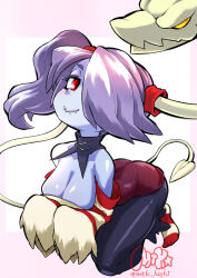 1girl alternate_breast_size ass blush breasts cleavage detached_collar detached_sleeves dress full_body hair_over_one_eye large_breasts leviathan_(skullgirls) looking_at_viewer mtk_hoshi pink_background purple_hair red_eyes side_ponytail skullgirls smile socks solo squigly_(skullgirls) stitched_mouth stitches striped_clothes striped_sleeves striped_socks thick_thighs thighs wide_hips zombie