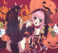 Rule 34 | 1girl, ahoge, asymmetrical clothes, asymmetrical legwear, bad id, bad pixiv id, black thighhighs, bow, breasts, candy, cat, cleavage, collar, detached sleeves, elbow gloves, enk, female focus, food, ghost, gloves, halloween, hat, jack-o&#039;-lantern, long hair, lying, mismatched legwear, on back, open mouth, original, pink hair, pumpkin, purple eyes, solo, striped clothes, striped gloves, striped thighhighs, symbol-shaped pupils, thighhighs, witch