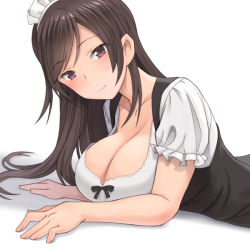 Rule 34 | 1girl, blush, breasts, brown hair, cleavage, closed mouth, collarbone, commentary request, dirndl, german clothes, large breasts, long hair, looking at viewer, lying, maid, maid headdress, meow (nekodenki), on stomach, original, puffy short sleeves, puffy sleeves, red eyes, short sleeves, simple background, smile, solo, white background