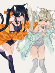Rule 34 | 2girls, animal ears, bell, blue eyes, blue hair, blue one-piece swimsuit, blue thighhighs, cat ears, cat tail, choker, collarbone, commentary, covered navel, dark blue hair, english commentary, green eyes, hair ribbon, highres, jacket, light brown hair, long hair, luicent, multiple girls, neck bell, off shoulder, old school swimsuit, one-piece swimsuit, open mouth, original, ribbon, school swimsuit, swimsuit, tail, teeth, thighhighs, twintails, white choker, white legwear, white one-piece swimsuit, white school swimsuit