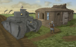 Rule 34 | 2boys, absurdres, artist request, bunker, caterpillar tracks, cloud, commentary, copyright request, emblem, english commentary, evening, glass, goggles, highres, huge filesize, military, military vehicle, motor vehicle, multiple boys, sky, smoke, tank, twitter username