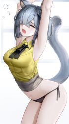 Rule 34 | 1girl, absurdres, animal ears, arknights, armpits, arms up, ascot, bare shoulders, black ascot, black panties, cat ears, cat tail, collared shirt, cowboy shot, delphine (arknights), fangs, from side, furrowed brow, grey hair, hair over one eye, highres, leaning forward, long bangs, no headwear, no pants, nopetroto, one eye closed, one eye covered, open mouth, outstretched arms, panties, shirt, short hair, side-tie panties, simple background, squeans, sleepy, sleeveless, sleeveless shirt, solo, tail, underwear, white background, yellow shirt
