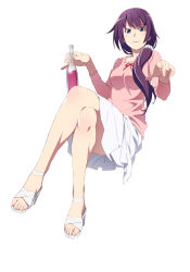 Rule 34 | 1girl, absurdres, bakemonogatari, blue eyes, bottle, breasts, collarbone, crossed legs, eyelashes, high heels, highres, holding, holding bottle, invisible chair, legs, long sleeves, looking at viewer, medium breasts, medium skirt, monogatari (series), parted lips, pink shirt, pleated skirt, pointing, pointing at viewer, ponytail, purple hair, sandals, scrunchie, senjougahara hitagi, shiny skin, shirt, sidelocks, simple background, sitting, skirt, smile, solo, toes, watanabe akio, white background, white footwear, white skirt