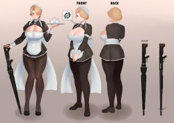 Rule 34 | 1girl, apron, black eyes, black thighhighs, blonde hair, blush, breasts, character sheet, cleavage, cleavage cutout, clothing cutout, concept art, cup, earrings, feet, female focus, from behind, full body, groin, gun, hair over one eye, hand up, high heels, highres, holding, holding tray, huge breasts, jewelry, last origin, legs, light smile, looking at viewer, maid, maid headdress, moebell, multiple views, nose blush, own hands together, puffy short sleeves, puffy sleeves, rifle, shadow, short sleeves, simple background, smile, standing, teacup, thick thighs, thigh gap, thighhighs, thighs, tray, turnaround, variations, victoria (last origin), weapon