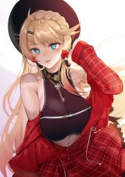 Rule 34 | 1girl, absurdres, armpits, azur lane, bare shoulders, black hat, black tank top, blonde hair, blue eyes, blush, braid, breasts, colored tips, commentary, crop top, dress, earrings, flower earrings, hair behind ear, hair ornament, hairclip, hand in own hair, hand on headwear, hat, highres, howe (azur lane), howe (noble rouge) (azur lane), jewelry, large breasts, leaf, long hair, looking at viewer, multicolored hair, navel, necklace, official alternate costume, open mouth, plaid, plaid dress, red dress, red skirt, sankyo (821-scoville), skirt, smile, solo, tank top, white background