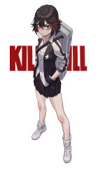 Rule 34 | 1girl, absurdres, annoyed, black hair, black skirt, blue eyes, closed mouth, collarbone, collared shirt, commentary, copyright name, hair between eyes, hands in pockets, highres, jacket, kill la kill, letterman jacket, looking at viewer, matoi ryuuko, max-k, multicolored clothes, multicolored hair, multicolored jacket, open clothes, open jacket, pleated skirt, raglan sleeves, red hair, school uniform, shirt, shoes, short hair, simple background, skirt, sleeves rolled up, solo, streaked hair, two-tone jacket, untucked shirt, v-shaped eyebrows, white footwear, white jacket, white shirt, zipper
