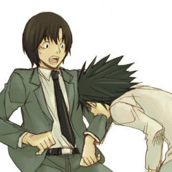 Rule 34 | 00s, biting, black hair, brown hair, death note, formal, l (death note), lowres, matsuda touta, necktie, open mouth, suit, sweat