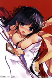 Rule 34 | 1girl, all fours, arrow (projectile), black eyes, black hair, blush, breasts, cleavage, clothed sex, clothes lift, collarbone, doggystyle, happy, hetero, highres, image sample, japanese clothes, long hair, lying, medium breasts, miko, misaki kurehito, no bra, no panties, on stomach, open mouth, original, prone bone, sex, sex from behind, skirt, skirt lift, solo focus, text focus, twintails, vaginal