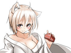 Rule 34 | 1girl, ahoge, animal ears, bare shoulders, blush, breasts, cleavage, collarbone, hat, holding, holding clothes, holding hat, inubashiri momiji, japanese clothes, kimono, looking at viewer, nekoro (nekokabuto), red eyes, short hair, silver hair, simple background, smile, solo, touhou, unworn hat, unworn headwear, white background, wolf ears