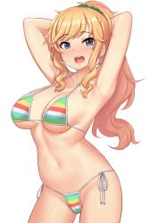Rule 34 | 1girl, armpits, bikini, blonde hair, blue eyes, breasts, commentary request, highres, idolmaster, idolmaster cinderella girls, long hair, looking at viewer, medium breasts, multicolored bikini, multicolored clothes, navel, ohtsuki yui, open mouth, ponytail, side-tie bikini bottom, smile, solo, striped bikini, striped clothes, swimsuit, teeth, thighs, tomajiyama, upper teeth only