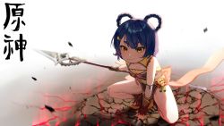 Rule 34 | 1girl, :3, absurdres, bandaid, bandaid on knee, bandaid on leg, blue hair, braid, braided hair rings, breasts, commentary request, crack, cracked floor, fingerless gloves, genshin impact, gloves, glowing cracks, guoba (genshin impact), hair rings, highres, looking at viewer, polearm, short hair, sleeveless, small breasts, solo, spear, superhero landing, thick eyebrows, translated, useq1067, weapon, xiangling (genshin impact), yellow eyes