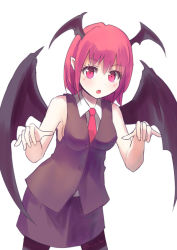 Rule 34 | 1girl, adapted costume, bare arms, bare shoulders, culter, demon girl, demon wings, head wings, koakuma, looking at viewer, necktie, no shirt, open mouth, pantyhose, pointy ears, reaching, reaching towards viewer, red eyes, red hair, skirt, skirt set, solo, touhou, vest, wings