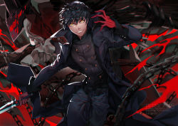 Rule 34 | 10s, 1boy, amamiya ren, arm up, arsene (persona 5), bad id, bad pixiv id, black hair, chain, chromatic aberration, coat, copyright name, cowboy shot, deviantart username, gloves, grin, holding, holding knife, holding weapon, knife, long sleeves, looking at viewer, male focus, open clothes, open coat, outstretched arm, pants, persona, persona 5, persona eyes, pixiv username, red gloves, shei99, short hair, smile, smirk, watermark, weapon, yellow eyes