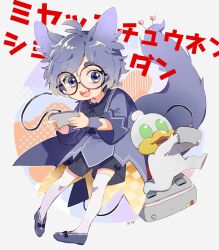 Rule 34 | 2boys, :3, :d, animal ears, artist name, bkub (vtuber), black-framed eyewear, black bow, blue eyes, blue footwear, blue hair, blue shirt, blue shorts, blue tail, bow, bowtie, commentary request, controller, dual persona, duckman, fune (2oo82), game console, game controller, glasses, green eyes, grey hair, highres, holding, holding controller, holding game controller, indie virtual youtuber, male focus, midair, multicolored hair, multiple boys, no pupils, open mouth, original, over-kneehighs, round eyewear, school uniform, shirt, short eyebrows, shorts, single wrist cuff, smile, socks, sparkle, swept bangs, teeth, thighhighs, translation request, upper teeth only, virtual youtuber, voice actor connection, white socks, wrist cuffs