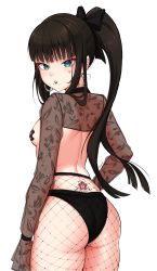 Rule 34 | 1girl, absurdres, ass, back tattoo, black hair, black lips, black panties, blunt bangs, breasts, commentary, earrings, english commentary, facial mark, fishnet pantyhose, fishnets, from behind, green eyes, high-waist pantyhose, highres, hoop earrings, jewelry, kurosawa dia, lipstick, love live!, love live! sunshine!!, makeup, medium breasts, mole, mole under mouth, no bra, panties, pantyhose, pasties, ponytail, shrug (clothing), solo, tattoo, tramp stamp, underwear, unsfrau