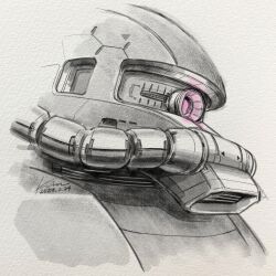 Rule 34 | absurdres, commentary request, cropped shoulders, dated, graphite (medium), greyscale, gundam, highres, kobakin, mecha, mobile suit, mobile suit gundam, monochrome, no humans, one-eyed, pink eyes, robot, science fiction, signature, solo, spot color, traditional media, zaku ii