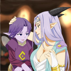 Rule 34 | 1boy, 1girl, bare shoulders, blue eyes, blush, breasts, bridal gauntlets, cleavage, colored skin, dragon quest, dragon quest x, elf (dq10), estella (dq10), fairy wings, hand on another&#039;s head, highres, horns, jpeg artifacts, large breasts, long hair, looking at another, open mouth, pointy ears, purple hair, purple skin, smile, sweatdrop, upper body, wings, yellow eyes, yokkest