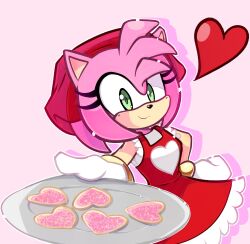 Rule 34 | 1girl, absurdres, amy rose, breasts, cookie, dress, food, furry, furry female, gloves, green eyes, hairband, hat, heart, highres, light smile, looking at viewer, nin10ja, pink background, pink hair, plate, red dress, shadow, short hair, simple background, small breasts, smile, solo, sonic (series), white gloves
