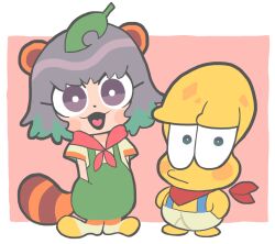Rule 34 | 1boy, 1girl, :/, animal ears, animal nose, bandana, bandana around neck, blush stickers, border, briefs, bright pupils, brown shirt, chibi, closed mouth, colored skin, commentary request, constricted pupils, gashi-gashi, green eyes, green overalls, grey eyes, grey hair, hands in pockets, head tilt, heart, heart in mouth, highres, leaf, leaf on head, looking at viewer, male underwear, mode aim, open mouth, outside border, peanuts-kun, pink background, ponpoko (vtuber), puffy pants, raccoon ears, raccoon girl, raccoon tail, red bandana, shirt, shoes, short hair, short sleeves, simple background, smile, tail, underwear, virtual youtuber, white border, white male underwear, white pupils, yellow skin
