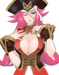 Rule 34 | 10s, 1girl, bare shoulders, blue eyes, breasts, choker, cleavage, coat, fate/extra, fate/grand order, fate (series), francis drake (fate), hat, large breasts, lips, long hair, one eye closed, pants, pink hair, scar, smile, solo, upper body