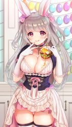 Rule 34 | 1girl, :q, animal ears, apron, artist request, bacon, balloon, black choker, bow, breasts, choker, cleavage, closed mouth, corset, cowboy shot, dress, egg (food), elbow gloves, food, food in mouth, food on body, food on breasts, fried egg, frilled dress, frilled gloves, frills, gloves, gluteal fold, hair bow, highres, holding, holding food, key, large breasts, long hair, looking at viewer, original, pico (p i c o), pink bow, purple eyes, rabbit ears, rabbit girl, salad, short sleeves, silver hair, skindentation, smile, solo, striped apron, striped clothes, tareme, thighhighs, tongue, tongue out, two side up, v, vertical stripes, very long hair, waist apron, white dress, white gloves, white thighhighs