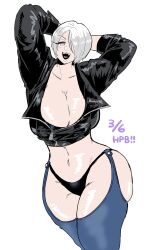 Rule 34 | 1girl, absurdres, angel (kof), arm behind head, armpits, arms behind head, arms up, blue eyes, bra, breasts, chaps, cleavage, collarbone, cropped jacket, hair over one eye, hasuda kunkun, highres, jacket, large breasts, leather, leather jacket, looking at viewer, navel, open mouth, panties, smile, snk, solo, stomach, strapless, strapless bra, the king of fighters, the king of fighters xiv, thighs, toned, underwear