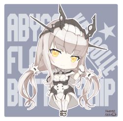 Rule 34 | 1girl, abyssal ship, capelet, chibi, full body, garter straps, gloves, headgear, highres, kantai collection, long hair, low twintails, modernized battleship princess, nazono neko, pale skin, solo, standing, star (symbol), thighhighs, twintails, white capelet, white gloves, white thighhighs, yellow eyes